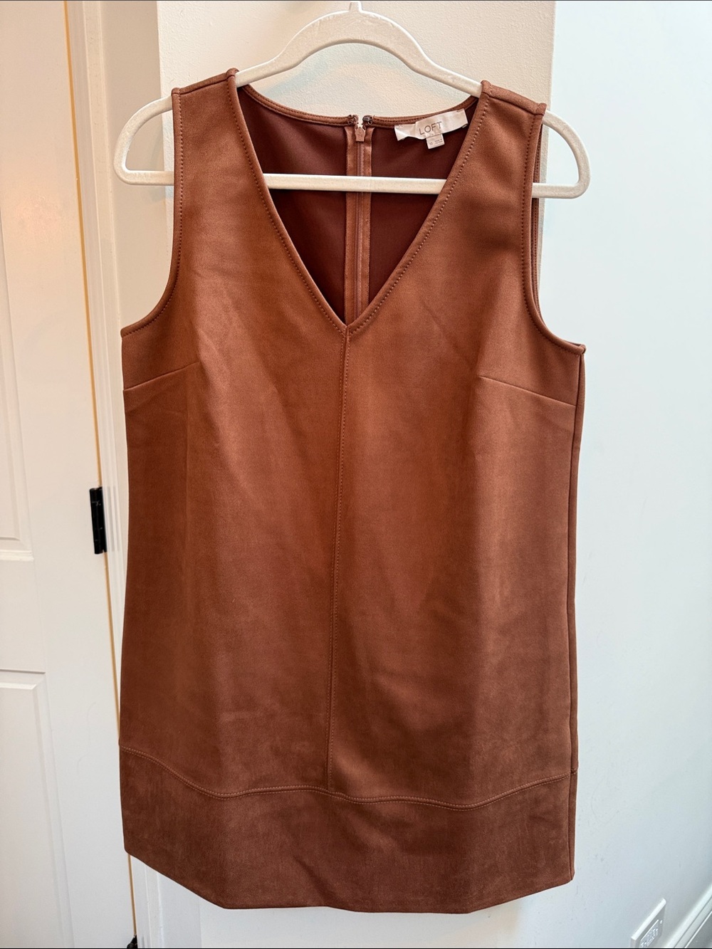LOFT Chestnut Brown Faux-Suede V-Neck Shift Dress